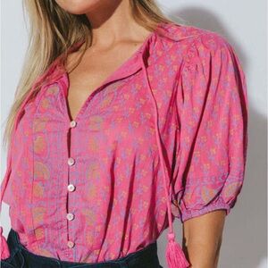 Cleobella Amari V-Neck Tassel Button-Front Blouse.